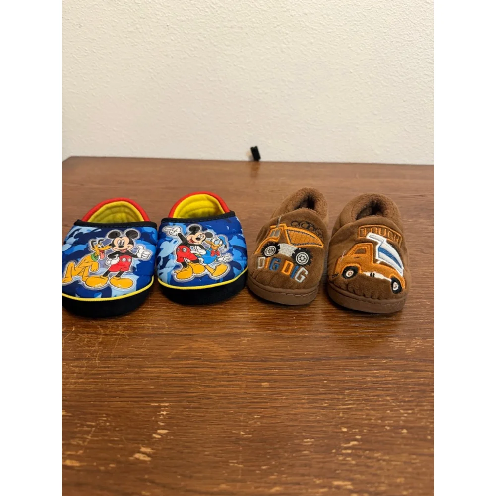 Toddler Slippers Lot Size 5/6 Mickey Mouse Construction Truck Boys House Shoes 2